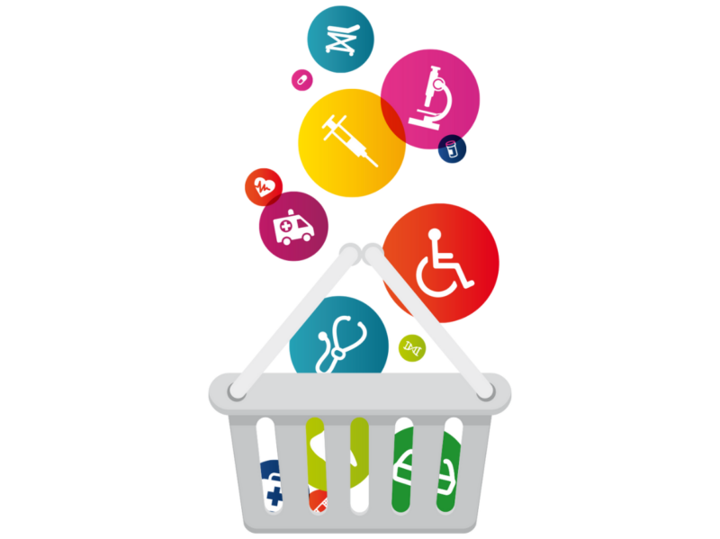 Illustratie van een winkelmandje gevuld met iconen van zorg, zoals een stethoscoop, rolstoel, injectiespuit en ambulance – symbool voor zorginkoop